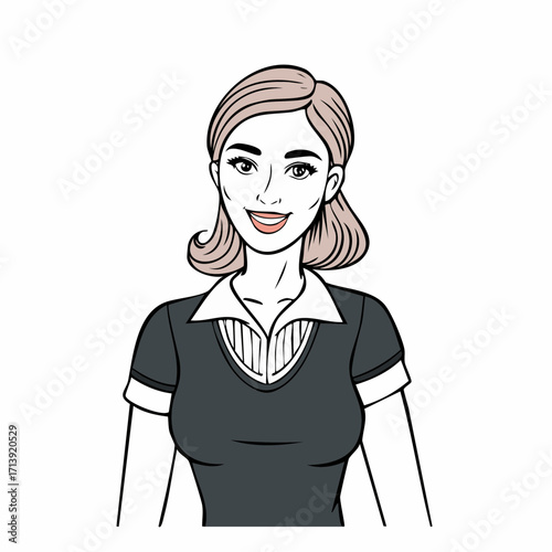 Illustration of a woman with short blonde hair smiling.