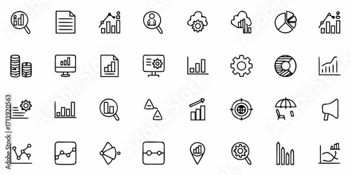 Collection of various business analytics and data visualization icons in outline style forming a grid layout