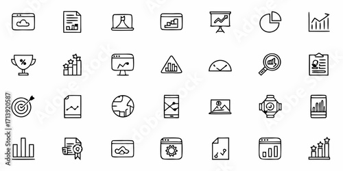 Collection of business and finance themed doodle icons representing data analysis and growth strategies