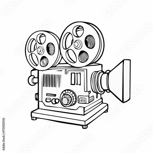 A black and white illustration of a vintage film projector with two reels.