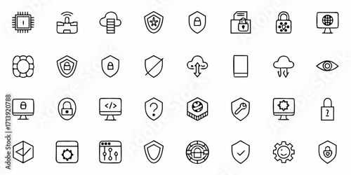 Collection of security and technology related icons in a doodle style vector illustration set design