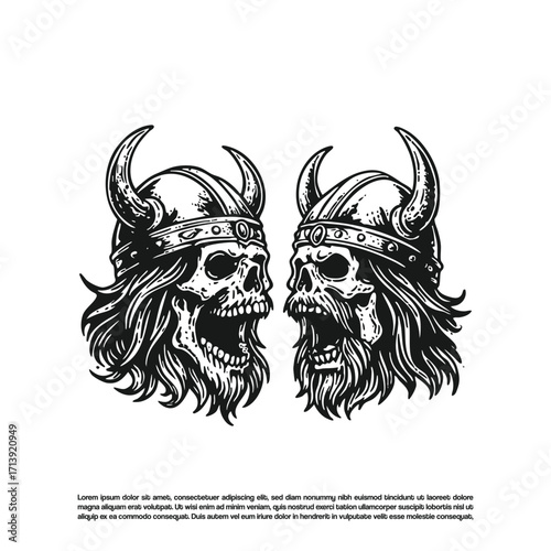 Two Viking skull facing and screaming vector, gladiator man mascot wearing a helmet.