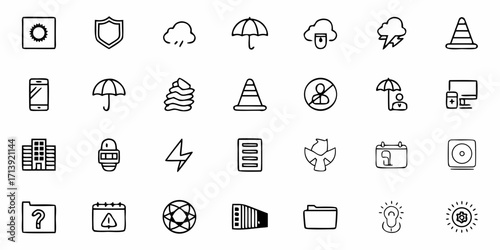 Collection of various doodle style icons depicting weather, security, and miscellaneous symbols