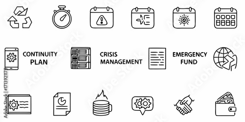 Line art icons depicting business continuity, crisis management, and emergency preparedness measures