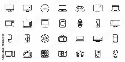 A collection of outline icons depicting various electronic devices and household appliances in black and white
