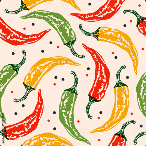 Hot pepper pattern. Seamless print of colorful spicy capsaicin, abstract vintage whole chili cayenne jalapeno habanero peppers, organic vegetable farm food background. Vector texture