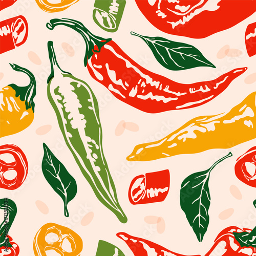 Hot pepper pattern. Seamless print of colorful spicy capsaicin, abstract vintage whole and half chili cayenne jalapeno habanero peppers, organic vegetable farm food. Vector texture