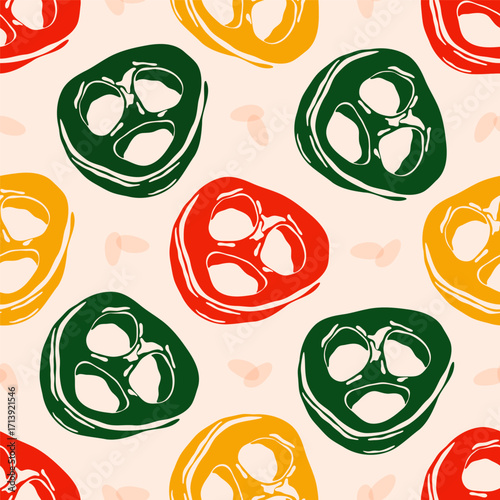Hot pepper pattern. Seamless print of colorful spicy capsaicin, abstract vintage chili cayenne jalapeno habanero peppers sliced rings, vegetable farm food background. Vector texture