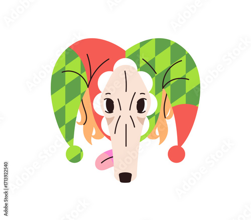 Portrait of greyhound in carnival suit of clown. Borzoi dog in joker hat with happy face. Avatar of hound puppy with cute muzzle and harlequin costume. Flat isolated vector illustration on white