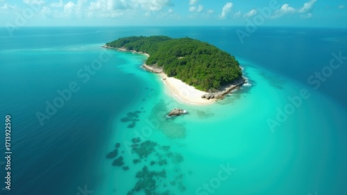 Tropical island resting in turquoise waters, surrounded by white sandy beaches and lush green palm trees under a bright blue sky with fluffy clouds, concept of travel agency, eco tourism, beach resort