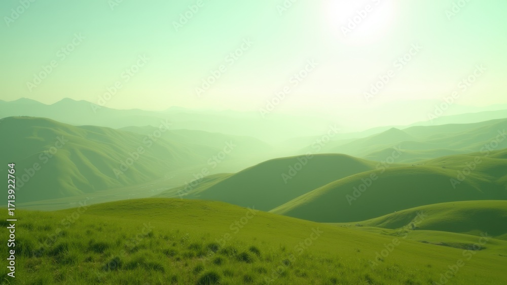 Obraz premium Rolling green hills stretching under a soft sunrise, layered with misty mountains and lush valleys in a serene countryside, bright open sky, concept of travel agency, eco tourism, nature photography