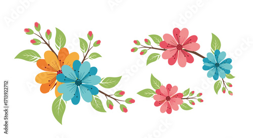 A whimsical arrangement of blooming flowers in vibrant and cheerful colors with green leafy accents creating a delightful visual.