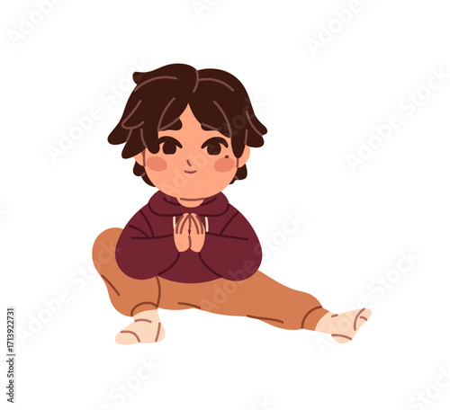 Happy kid is stretching in extended leg squat pose. Cute child practices yoga asana. Little boy is training, balances, does sports exercises on workout. Flat isolated vector illustration on white