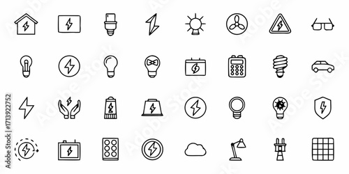 Collection of energy and electricity related icons including lightbulbs and lightning bolts in black outline