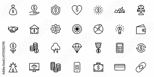 Collection of money and finance related icons including coins, dollar signs, and business symbols icons set