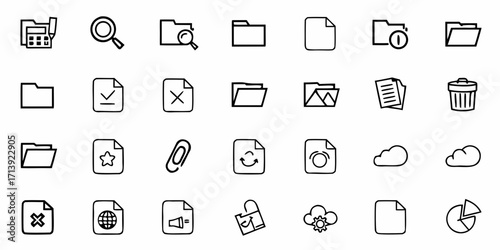 Collection of outline icons representing files folders and other document management related symbols set in rows