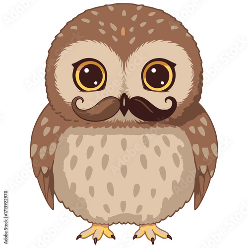 This whimsical cartoon features an owl with a sophisticated mustache, rendered in warm browns and soft beige. Ideal for humorous designs, children's books, or branding with a vintage touch