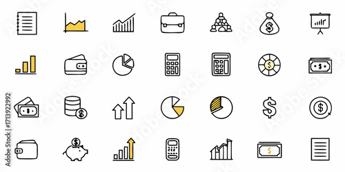 Collection of finance and business icons including charts, money, and office supplies in vector format