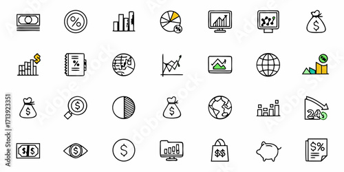Illustration of various financial and business icons representing growth and market analysis data set up nicely