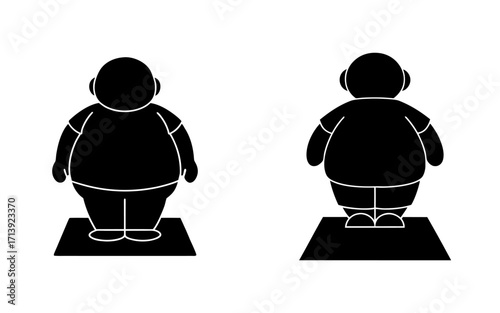 Two black silhouette illustrations of overweight men standing on mats against a white background