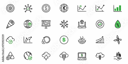 Collection of various business and finance icons including graphs, money symbols, and global connections