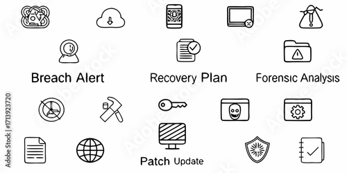 Collection of cybersecurity themed icons representing various security concepts and measures for business