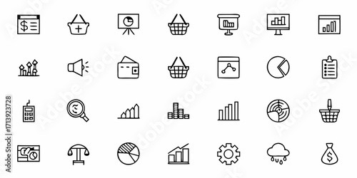 Illustration of various business and finance related icons including charts graphs and shopping baskets line art