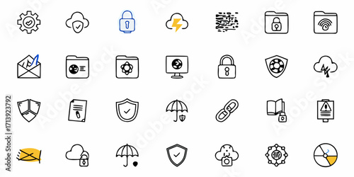 Collection of various security and data protection icons including cloud, shield, lock, and email icons