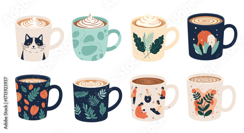 A collection of eight beautifully decorated coffee mugs with cozy autumnal designs.