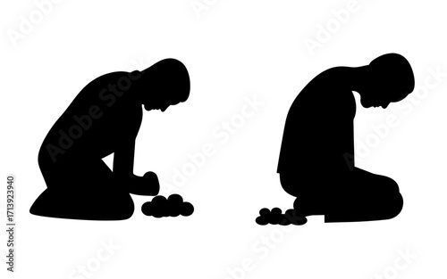 Two silhouettes of people kneeling with heads bowed and hands near small piles of dark objects on white