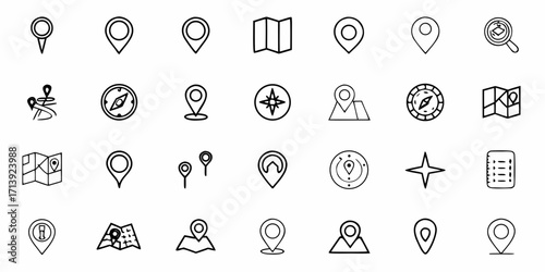 Collection of various map and navigation icons including location pins compasses and folded map symbols displayed