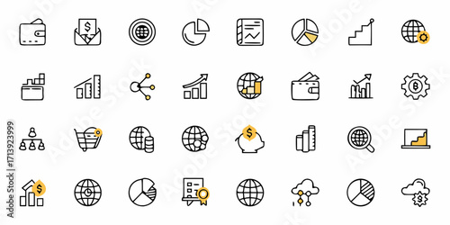 Collection of business and finance icons representing data analytics and market trends analysis tools