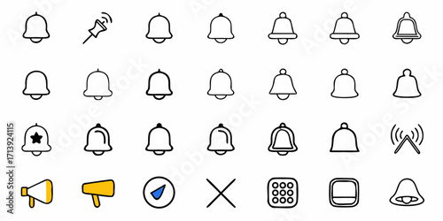 Various notification bell icons with pushpin, megaphone, compass, cross, and signal icons displayed