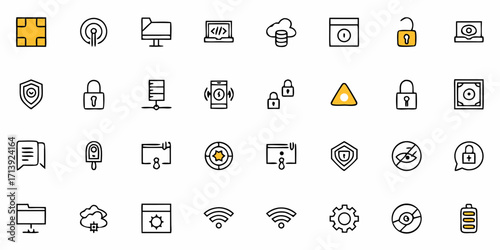 Line art icons depicting networking, security, and technology elements in a simple and minimal style