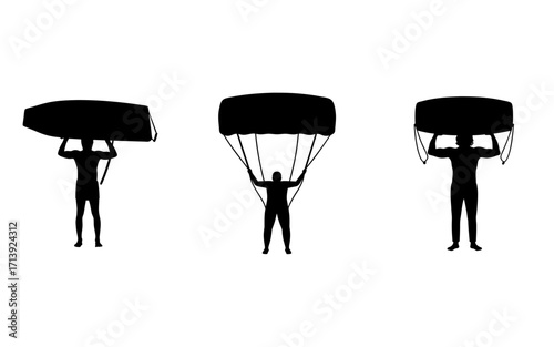 Three black silhouette figures holding different objects above their heads on a white background