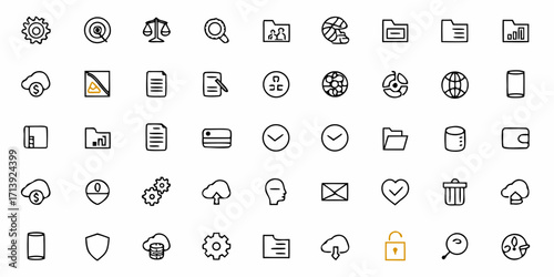Collection of various outline style icons including gears, cloud, folders, documents, and other symbols