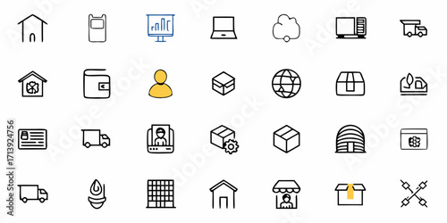Illustration showing a variety of business and logistical icons arranged in a grid pattern format