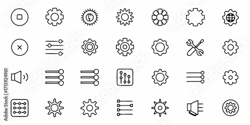 Collection of various interface icons including settings gears volume and adjustment controls in outline style
