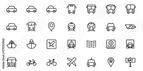 Collection of transportation icons including cars buses trains planes and bicycles in outline style