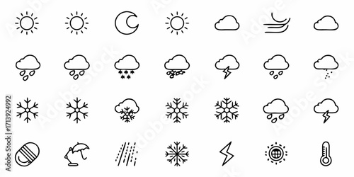 Collection of weather icons including sun, moon, clouds, rain, snow, wind, lightning, umbrella and thermometer