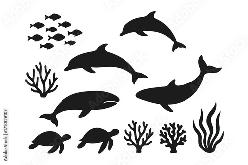 Collection of black marine life silhouettes on white background. Includes fish, dolphins, whales, turtles, and corals. Perfect for ocean themes, sea designs, nature projects, and aquatic illustrations