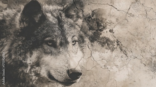 Wolf head overlayed on cracked wall monochrome