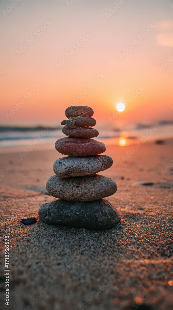 Fototapeta premium Serene Balance at Sunset: A captivating tower of stones stands harmoniously on a sandy beach, silhouetted against a stunning orange sunset that evokes a sense of peace, meditation.
