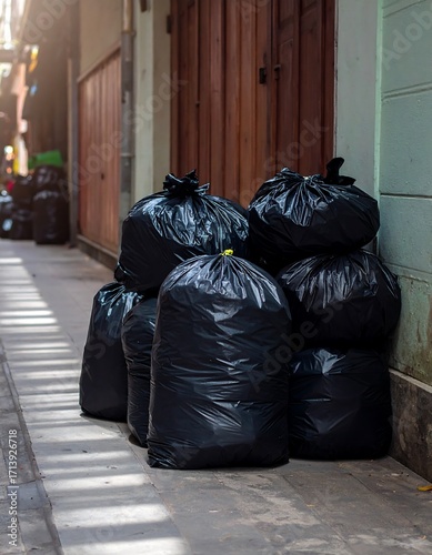 Piles of black trash bags