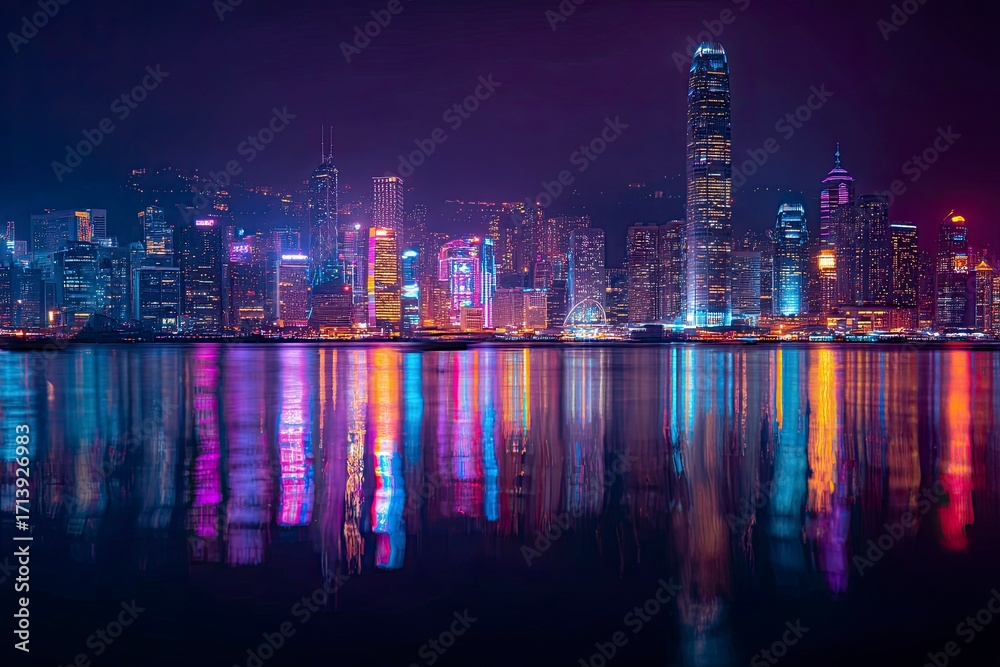Fototapeta premium A cityscape at night with illuminated buildings reflected in the water