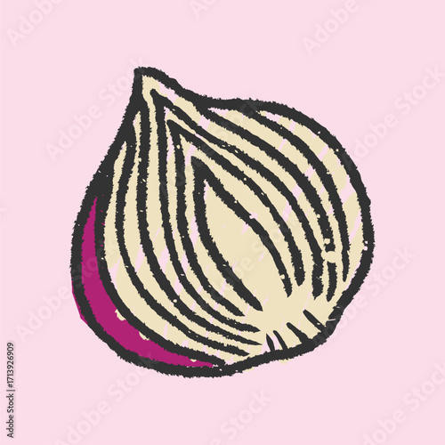 hand drawn onion illustration in crayon style. Bright, colorful, and fun vegetable artwork perfect for kids, food projects isolated on a light pink background