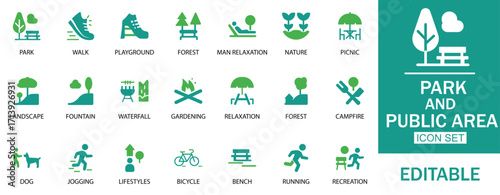 Park Icon Set with editable symbols for park, nature, outdoor, recreation, leisure, landscape, picnic, hiking, and more. Ideal for travel, tourism, and outdoor recreation design. Vector illustration.