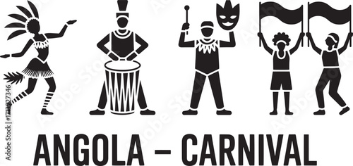 Angola Carnival Silhouette Vector Illustration Showcasing Dancers, Drummers, and Flag Bearers