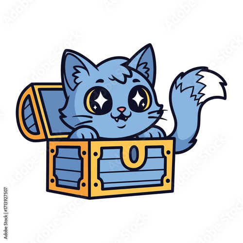 Cat Treasure Hunter: A charming, illustrated blue cat peers out from a treasure chest, its wide, sparkling eyes filled with playful curiosity.