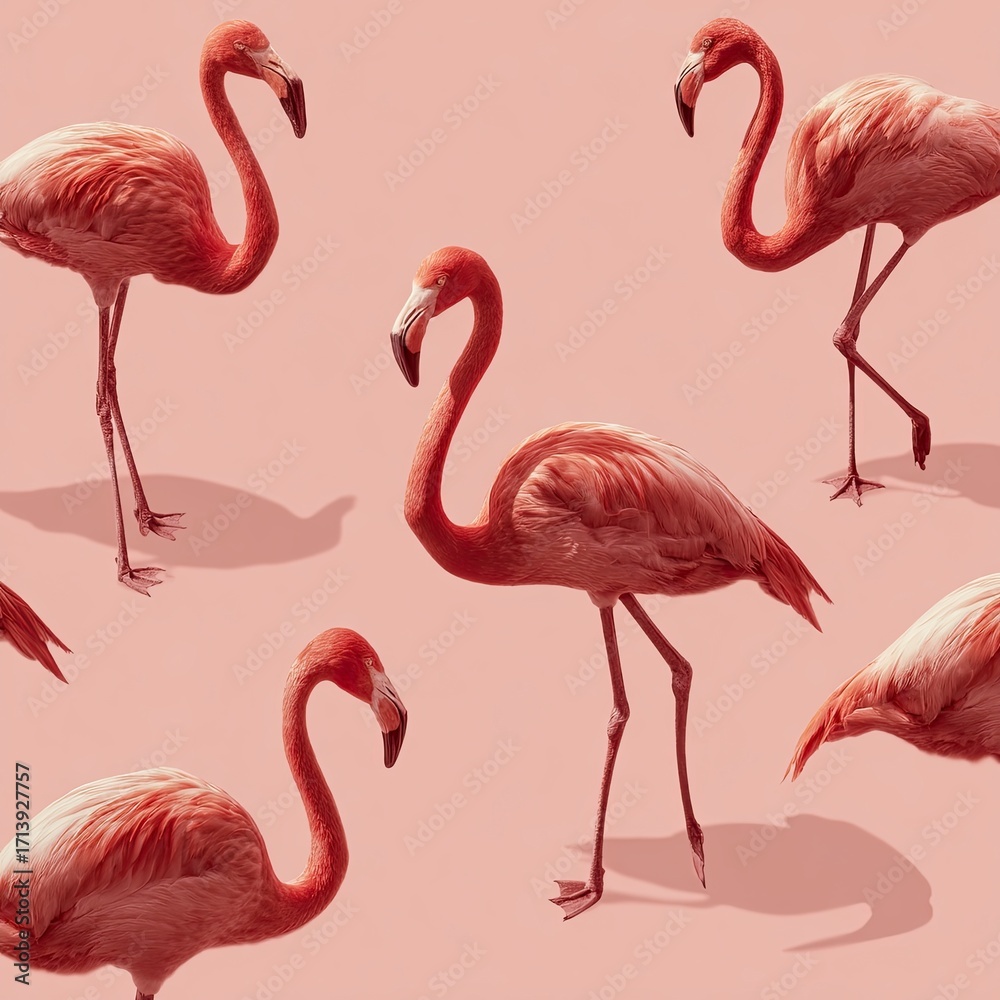 Obraz premium A flamingo group is set against a solid lightred background